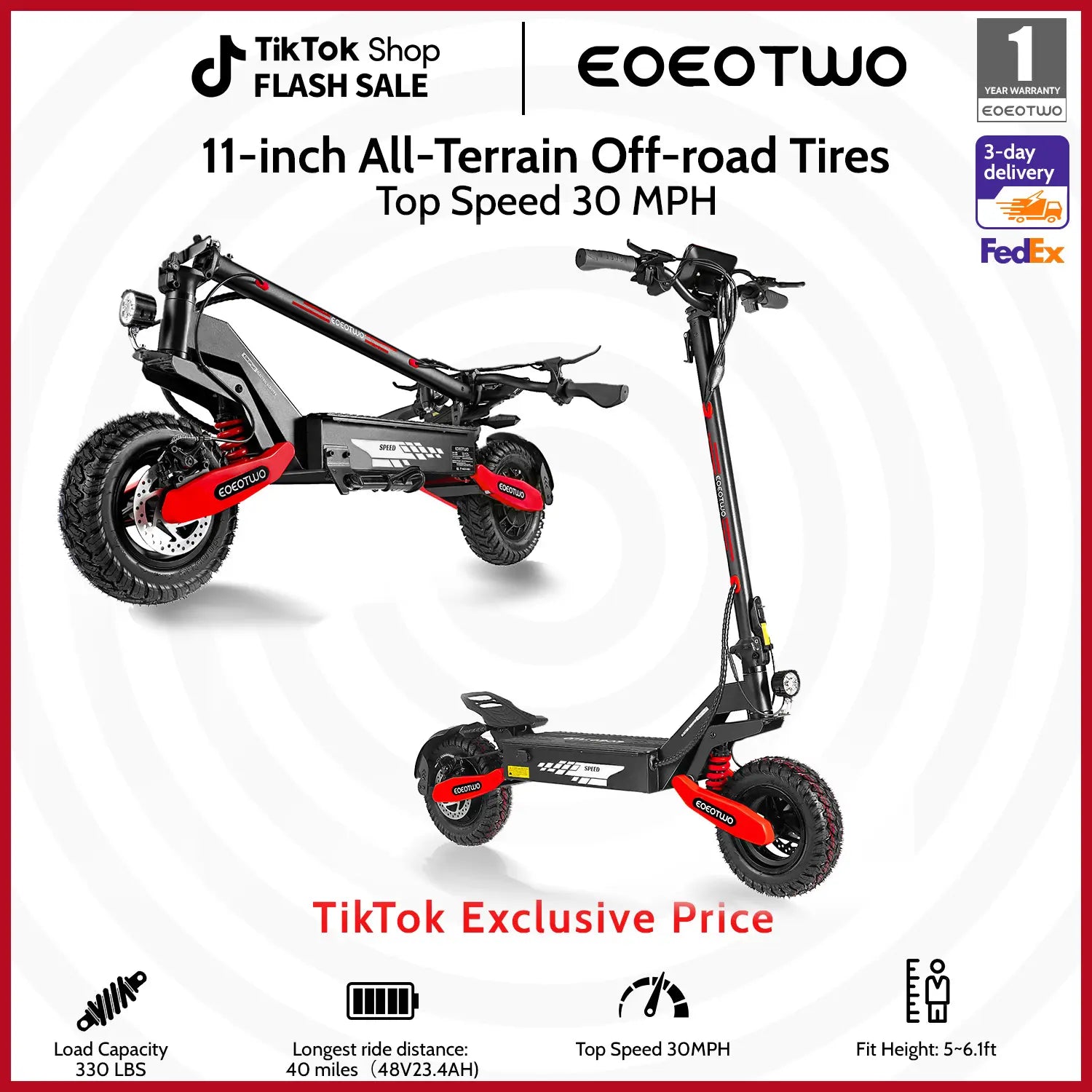 EOEOTWO GT06 High-Performance Electric Scooter - 1200W Motor, Up to 40 Miles Range, 30MPH Speed, 330LBS Capacity, Foldable Design with LED Lights & Dual Brakes - Perfect for Commuting & Off-Road Adventures in Red/Yellow/Green