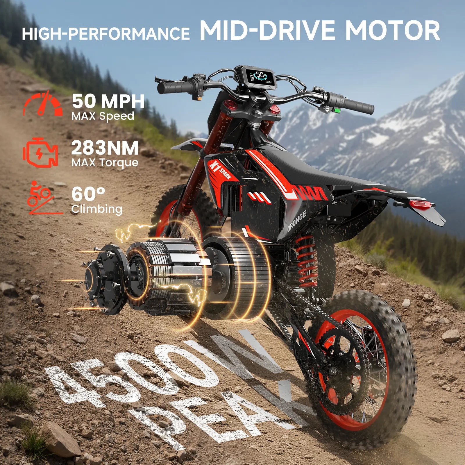 Qronge Spark X1 Electric Bike - Conquer Any Terrain with 4500W Power, 283 Nm Torque, and Long-Lasting 60V Battery!