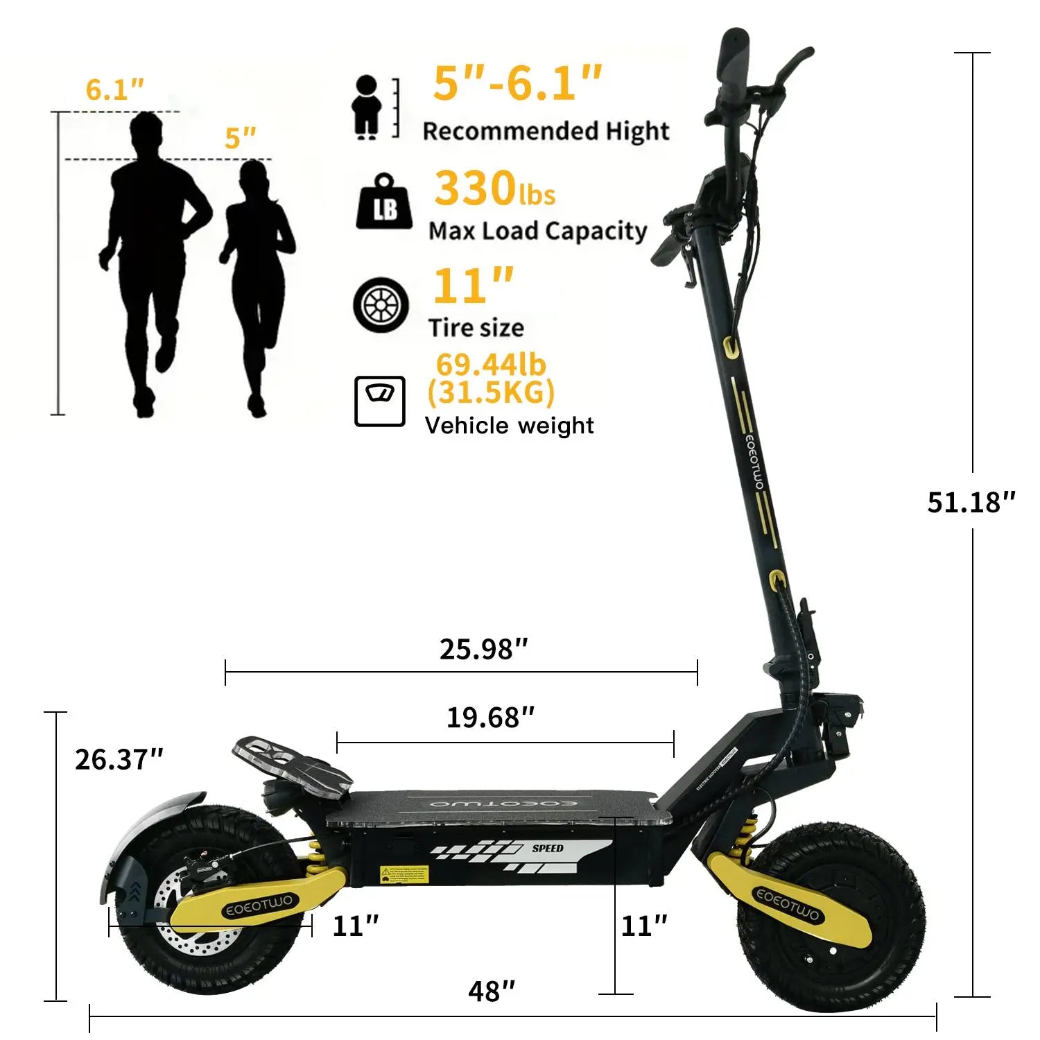EOEOTWO GT06 High-Performance Electric Scooter - 1200W Motor, Up to 40 Miles Range, 30MPH Speed, 330LBS Capacity, Foldable Design with LED Lights & Dual Brakes - Perfect for Commuting & Off-Road Adventures in Red/Yellow/Green