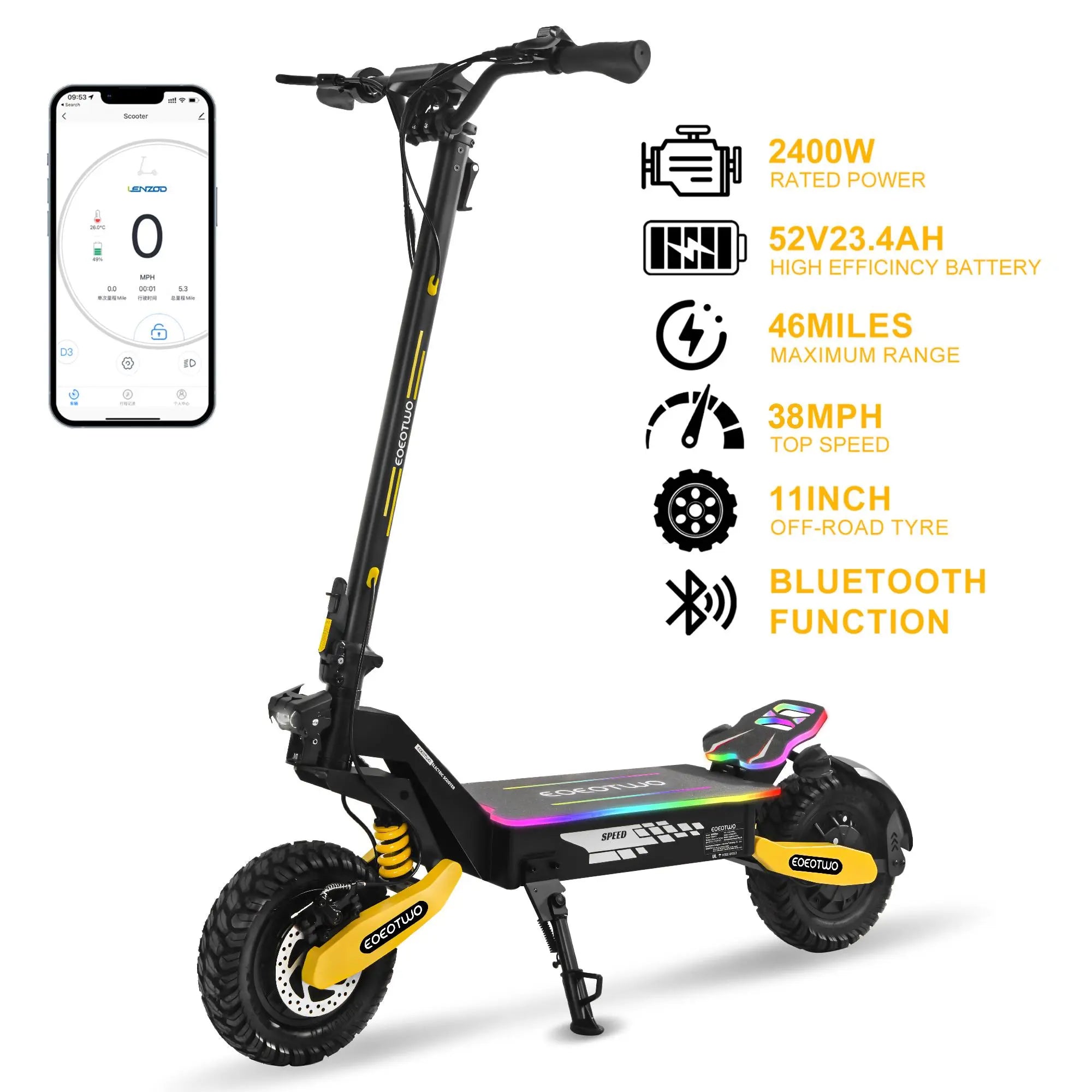 EOEOTWO GT06 High-Performance Electric Scooter - 1200W Motor, Up to 40 Miles Range, 30MPH Speed, 330LBS Capacity, Foldable Design with LED Lights & Dual Brakes - Perfect for Commuting & Off-Road Adventures in Red/Yellow/Green